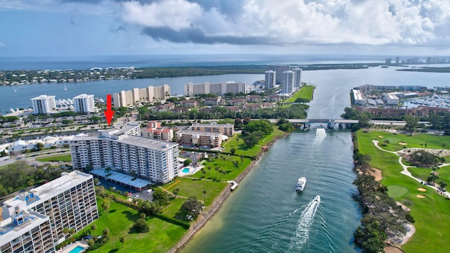 bird's eye view with a water view