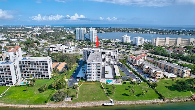 drone / aerial view with a water view