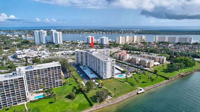 bird's eye view with a water view