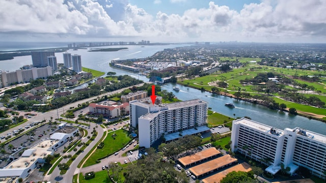 bird's eye view with a water view