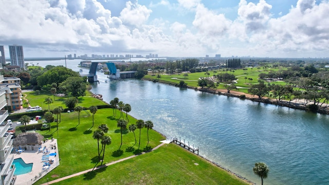 aerial view featuring a water view