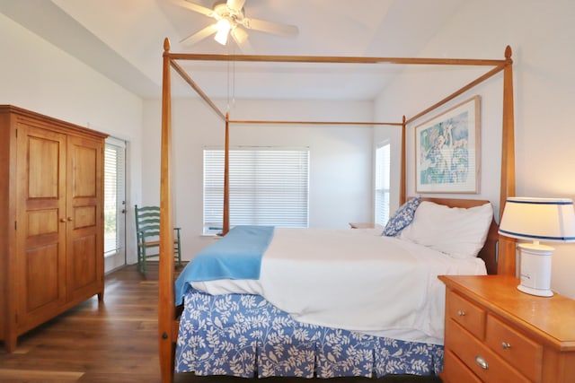 bedroom featuring dark hardwood / wood-style floors and ceiling fan