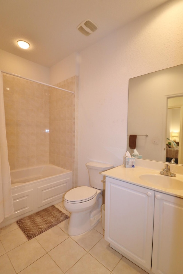 full bathroom with tile patterned flooring, vanity, shower / bath combination with curtain, and toilet