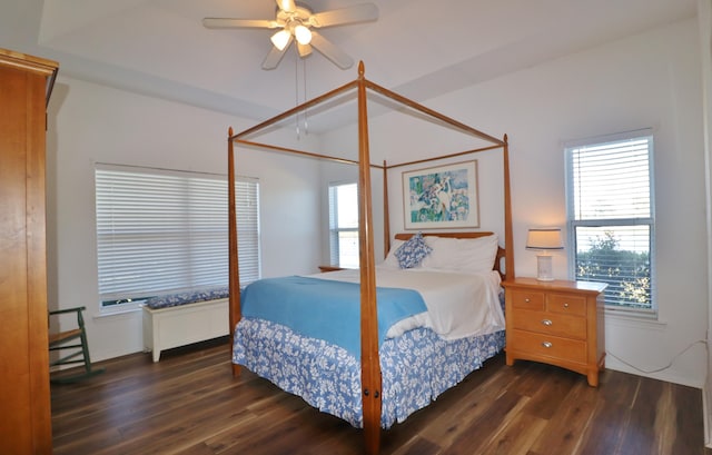 bedroom featuring dark wood-type flooring and ceiling fan