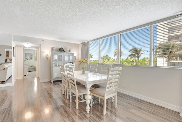 dining room featuring light hardwood / wood-style floors and a textured ceiling