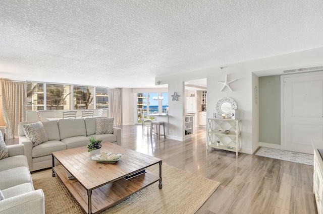 living room featuring a chandelier, light hardwood / wood-style floors, and a textured ceiling