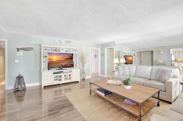 living room featuring wood-type flooring and a textured ceiling