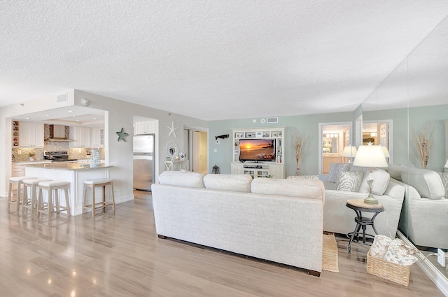 living room with a textured ceiling and light hardwood / wood-style flooring