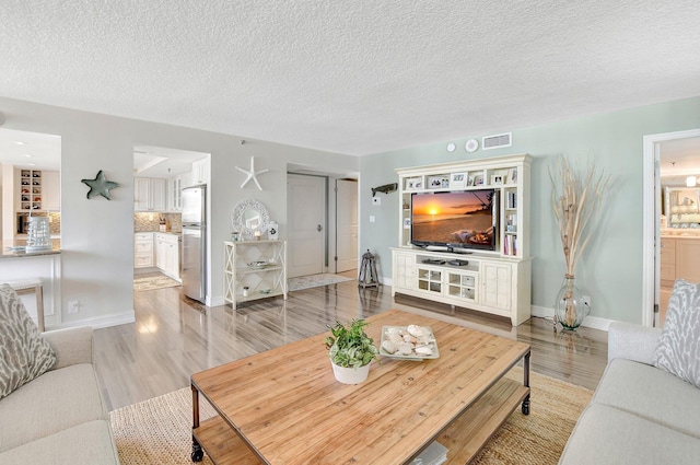 living room with a textured ceiling and light hardwood / wood-style flooring