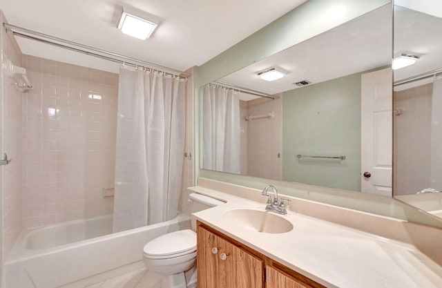 full bathroom with vanity, shower / bath combo, tile patterned floors, and toilet