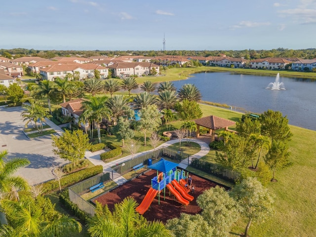 bird's eye view with a water view