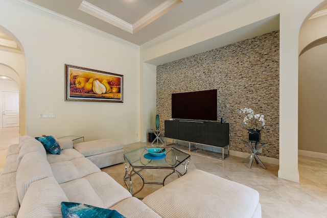 living room featuring crown molding and light tile patterned floors