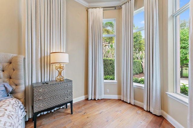 entryway featuring ornamental molding and light wood-type flooring