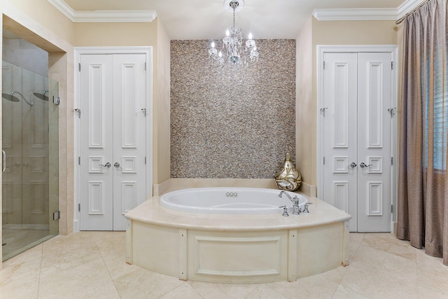 bathroom with crown molding, plus walk in shower, and a chandelier