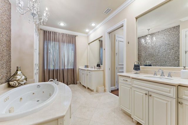 bathroom with vanity, ornamental molding, tile patterned floors, and an inviting chandelier