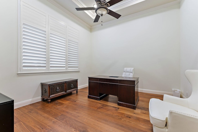 office space with crown molding, wood-type flooring, and ceiling fan