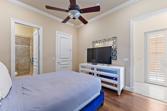 bedroom with dark hardwood / wood-style flooring, connected bathroom, ornamental molding, and ceiling fan