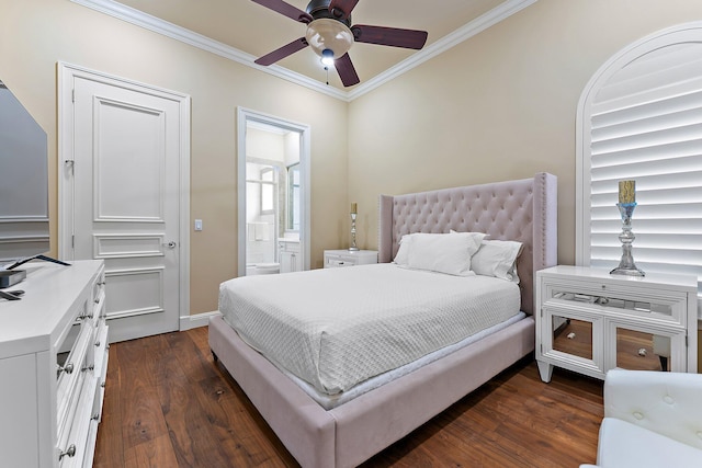 bedroom with crown molding, ceiling fan, ensuite bathroom, and dark hardwood / wood-style floors