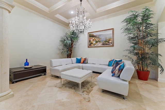 living room featuring coffered ceiling, ornamental molding, and beamed ceiling