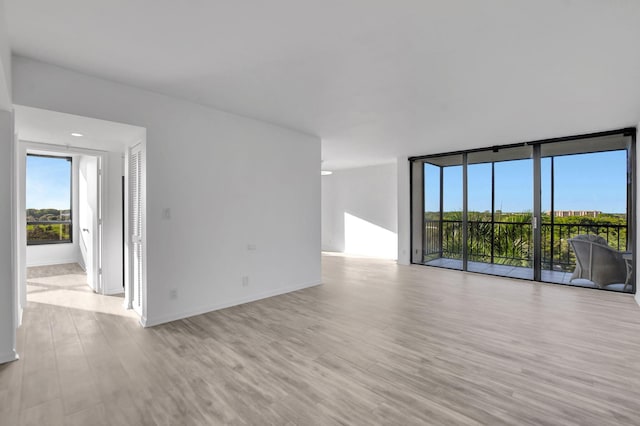 empty room with expansive windows and light hardwood / wood-style floors