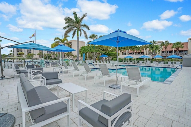 view of swimming pool featuring a patio area