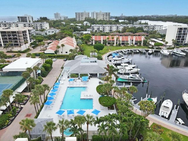 aerial view featuring a water view