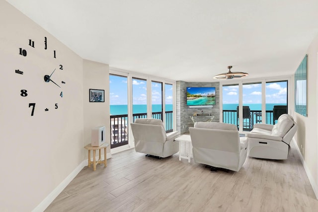 living room featuring a healthy amount of sunlight, a wall of windows, and light hardwood / wood-style flooring