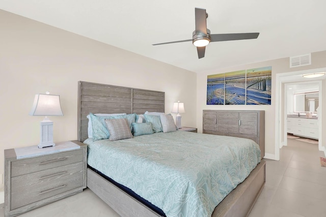 bedroom with light tile patterned floors and ceiling fan