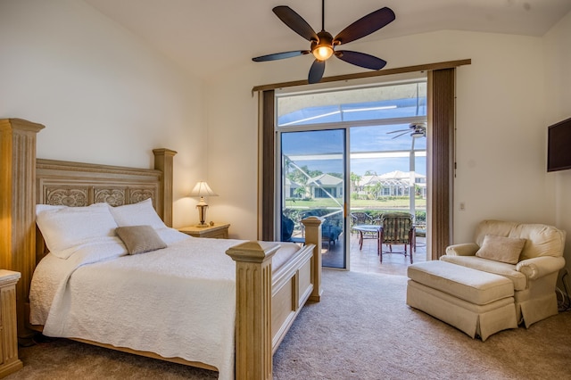 bedroom featuring vaulted ceiling, access to outside, light colored carpet, and ceiling fan