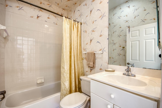 full bathroom featuring vanity, shower / bathtub combination with curtain, and toilet