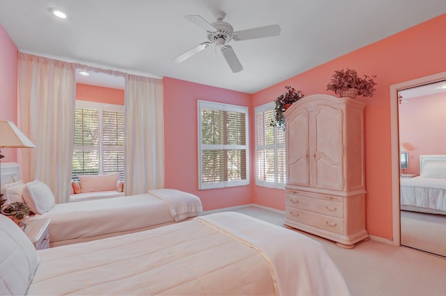 bedroom featuring carpet floors, a ceiling fan, and recessed lighting