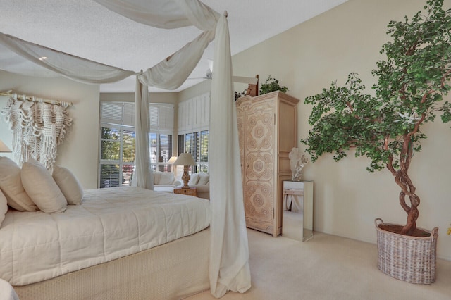 bedroom with lofted ceiling and light carpet