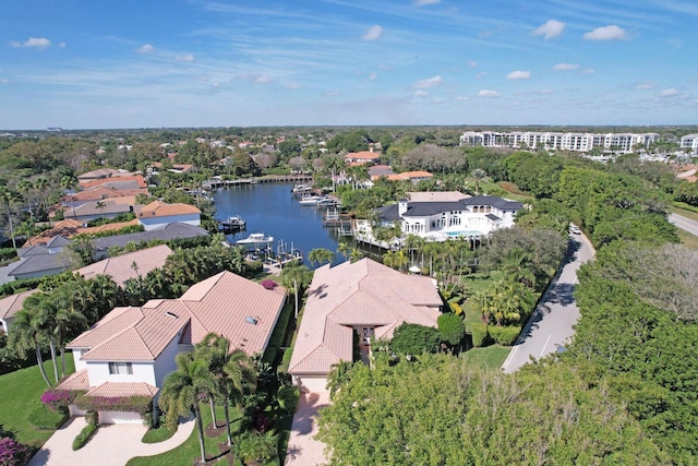 bird's eye view featuring a water view and a residential view