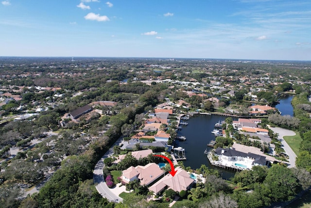 bird's eye view with a water view