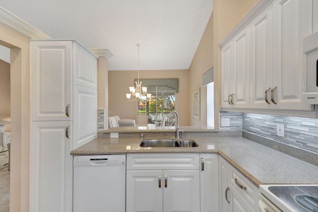 kitchen featuring sink, a chandelier, white dishwasher, pendant lighting, and white cabinets