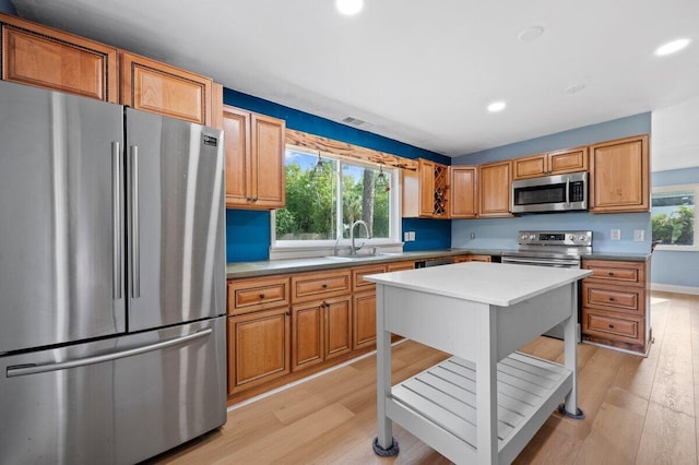 kitchen with sink, stainless steel appliances, and light wood-type flooring