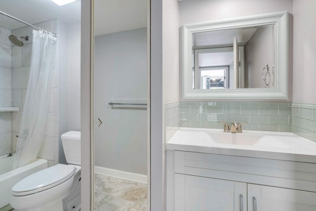 full bathroom featuring toilet, vanity, and shower / bathtub combination with curtain