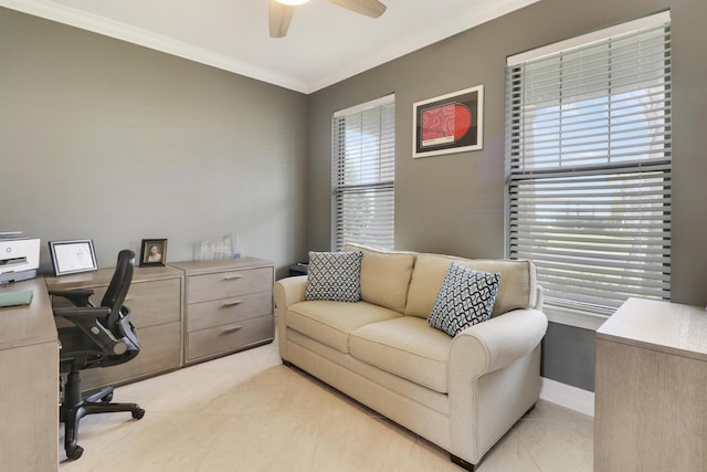 office with crown molding and ceiling fan
