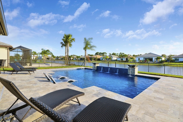 view of pool featuring a water view, a patio, and pool water feature