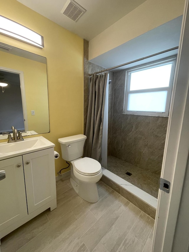 bathroom with vanity, toilet, and curtained shower