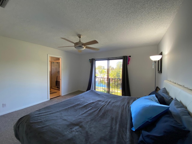 bedroom with ceiling fan, access to exterior, carpet floors, and a textured ceiling