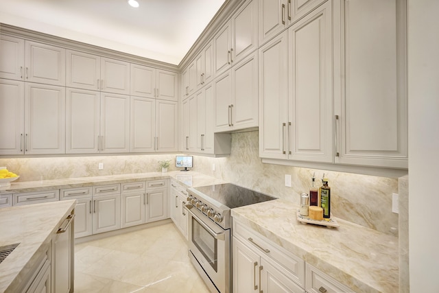 kitchen featuring decorative backsplash, light stone counters, and stainless steel electric range