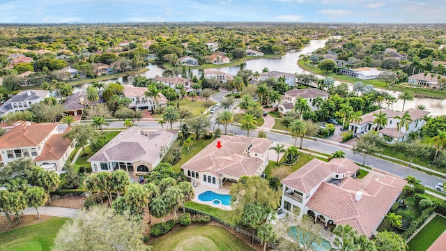 drone / aerial view featuring a water view