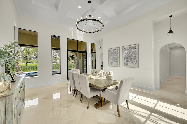 dining area featuring crown molding, an inviting chandelier, a high ceiling, coffered ceiling, and beamed ceiling