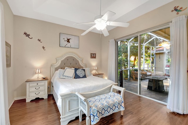 bedroom with access to exterior, wood-type flooring, and ceiling fan