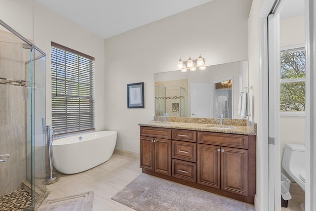 full bathroom featuring vanity, toilet, and plus walk in shower