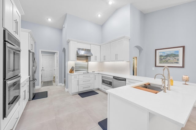 kitchen with under cabinet range hood, a sink, stainless steel appliances, arched walkways, and a peninsula