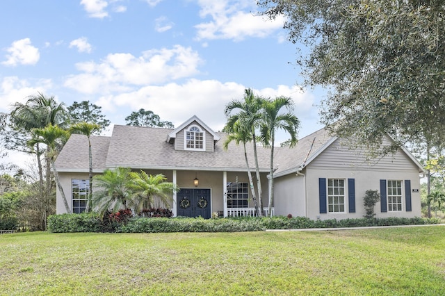 view of front of property with stucco siding, a porch, a front yard, and roof with shingles