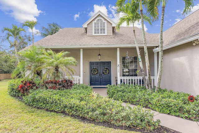 view of front of property with stucco siding, a porch, a front yard, and roof with shingles