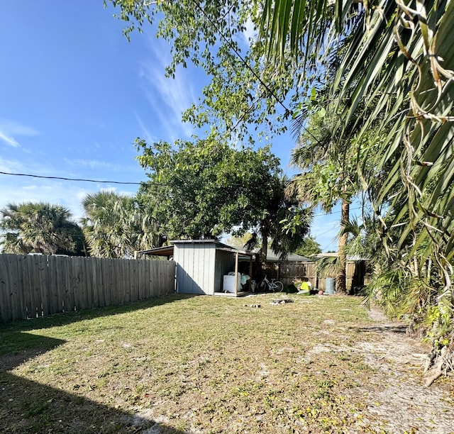 view of yard featuring a storage unit